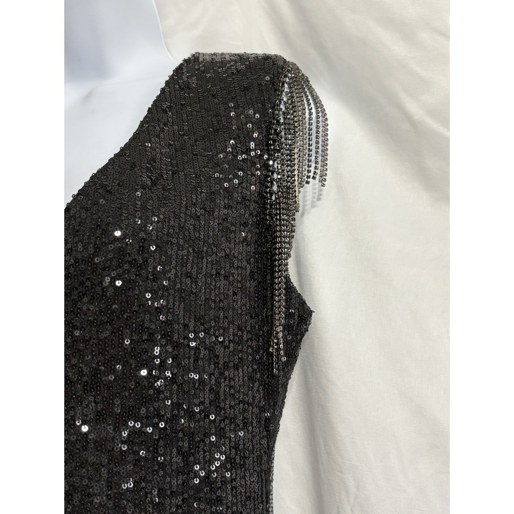 Betsy Johnson Black Sequined Cocktail Mini Dress Women's Size XL Beaded Fringe - Picture 2 of 4